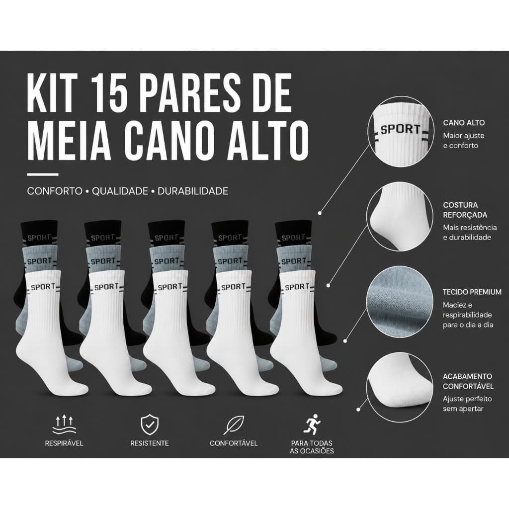 Kit 15 Pares de Meia Cano Alto Longo Médio Sport Original