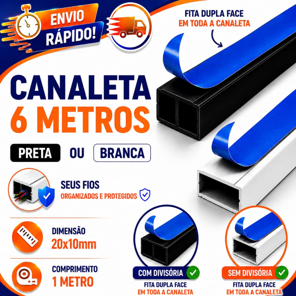 6 Metros Canaleta Organizador de Fios 20x10mm Sistema X Com Fita Adesiva Dupla Face  Canaleta Parede