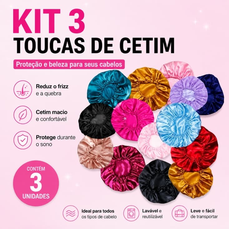 Kit 3 Toucas de Cetim para Dormir Antifrizz Proteção Capilar