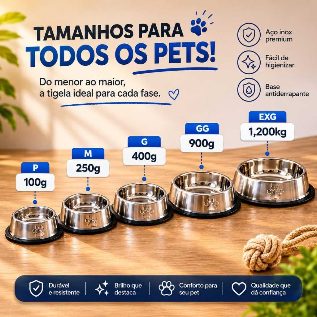 🥣 Comedouro Pote Comida, Ração e Água Pet Cães e Gatos Antiderrapante Comedouro para Cachorro Inox ✨