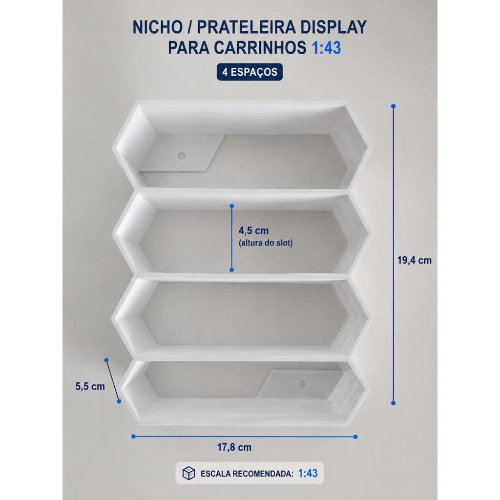 Prateleira Display para Carrinhos 1:43 | Expositor de Parede 4 Vagas | Colecionáveis Miniaturas