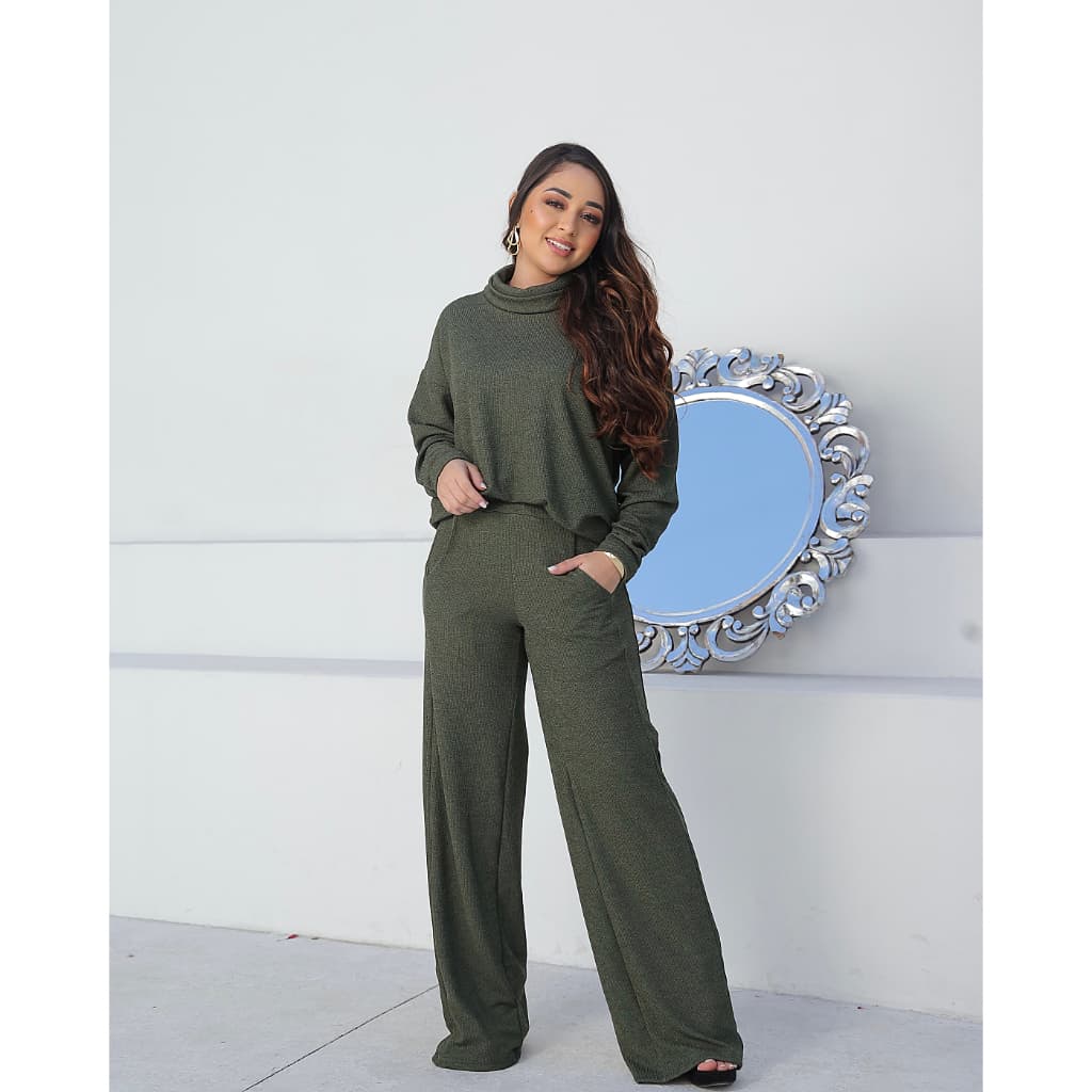 Conjunto Gola Boba Calça Pantalona Manga Longa Com Bolso, Canelado Moda Blogueira Tendência Estilo Calça Pantalona