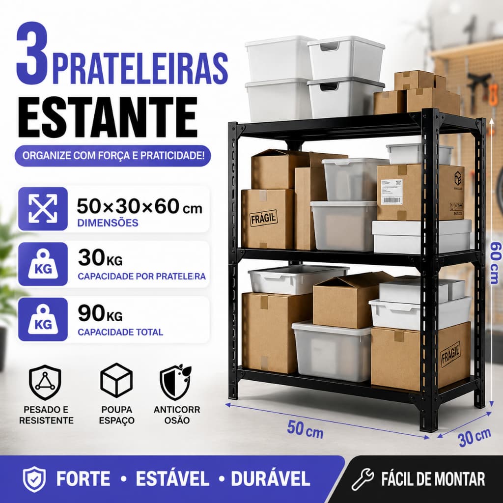 Prateleira Aço 3 Andares Reforçada 50x30x60cm Carga Máxima 90kg