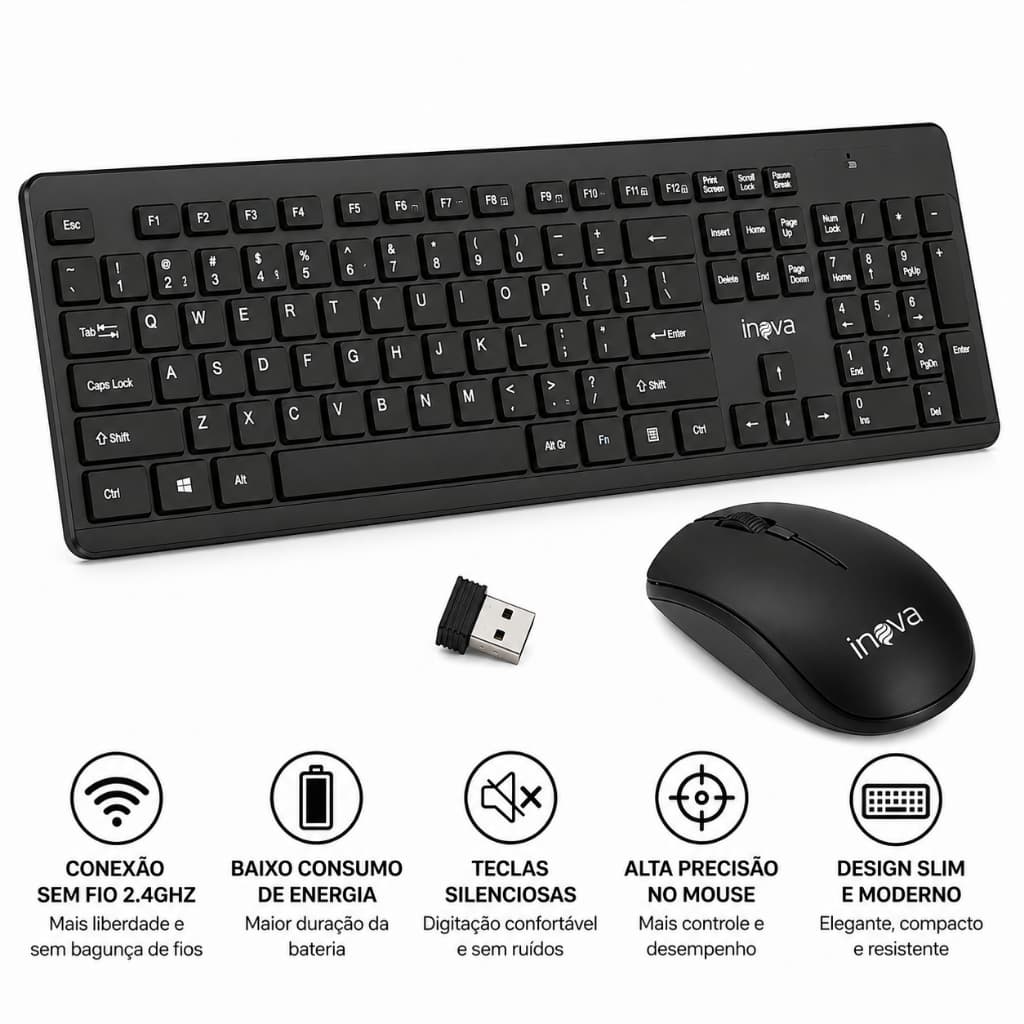 Kit Teclado e Mouse Sem Fio Inova 2.4GHz