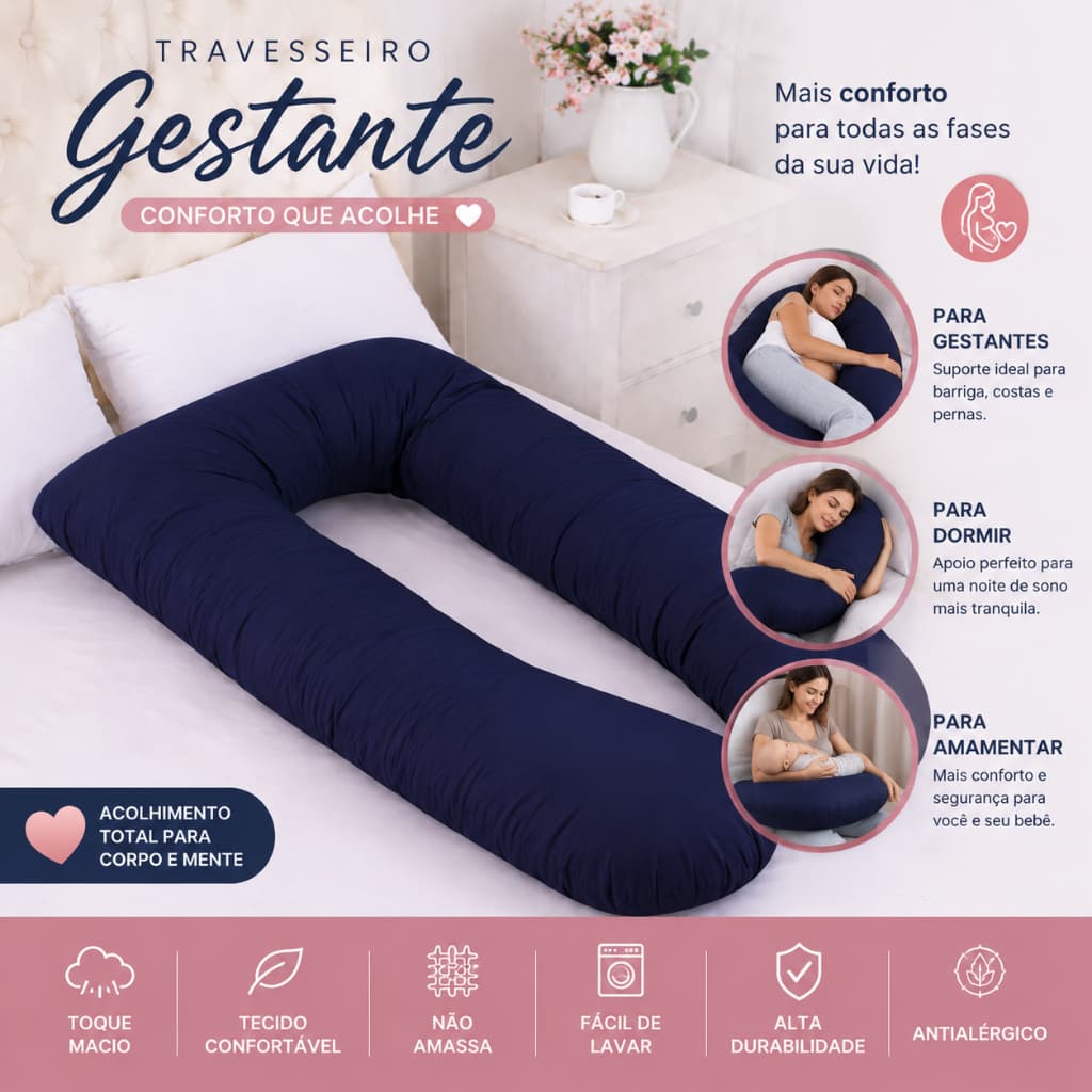 Travesseiro Gestante 1,20m em U Almofada Corpo Inteiro Suporte Dormir Amamentar