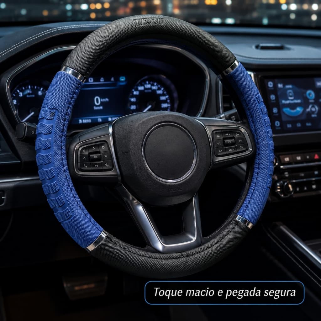 Capa De Volante Pra Carro Azul Preto TEXU Universal 38cm Automotivo Antiderrapante Couro PU Premium
