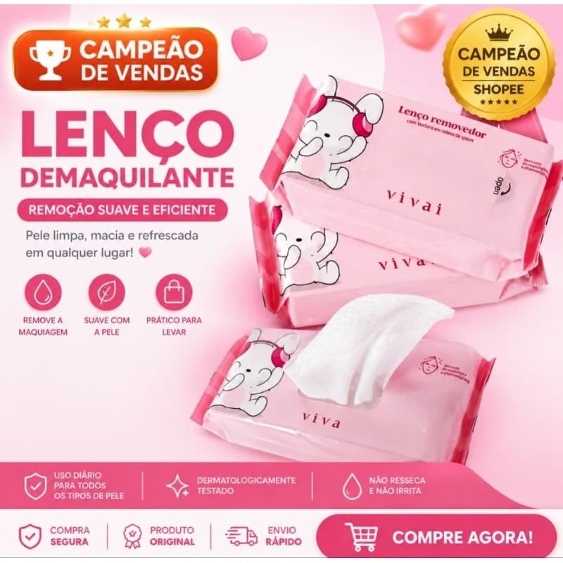 mini lenço demaquilante removedor de maquiagem vivai