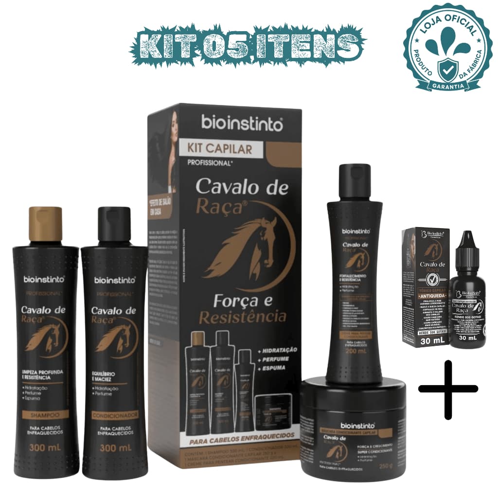 Kit Antiqueda Cavalo de Raça 5 Itens Completo com Tônico Capilar Crescimento Força e Brilho