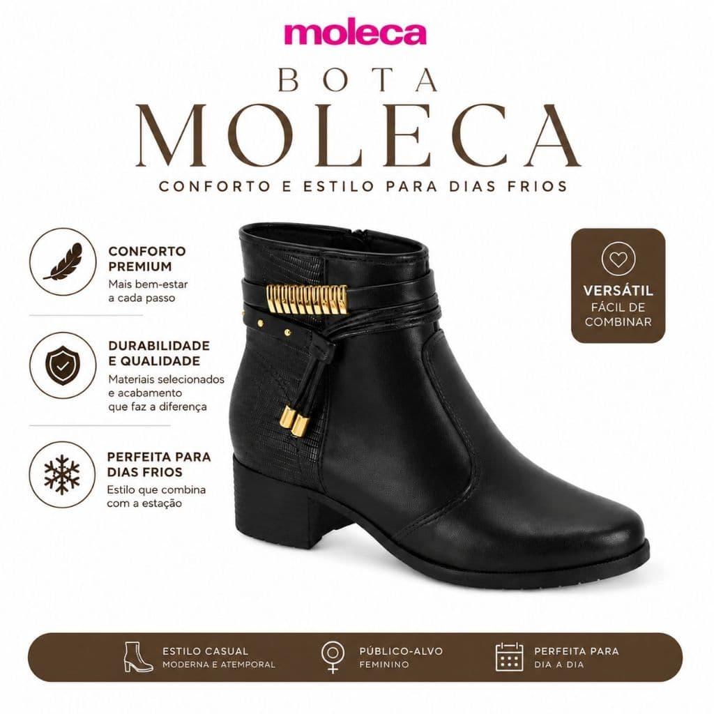Bota Feminina Moleca Cano Curto Salto Bloco Detalhe Dourado