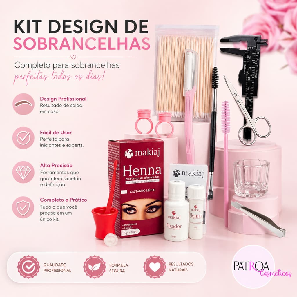 Kit Henna Designer Sobrancelhas Profissional e Fixação Rena Makiaj De Sobrancelha com Palito