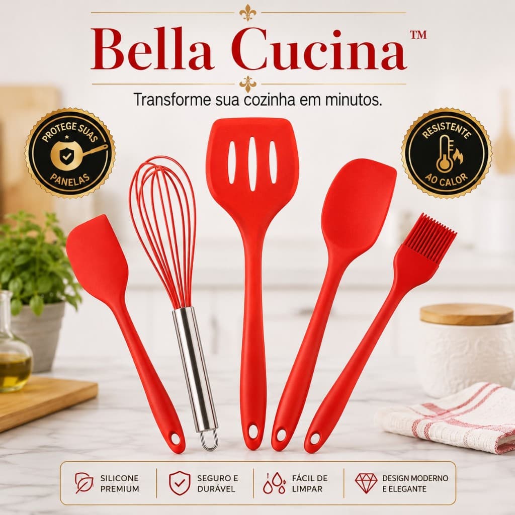 Kit Utensílios Silicone 5 Peças Antiaderente Resistente ao Calor Não Risca Panelas - SORTIDO