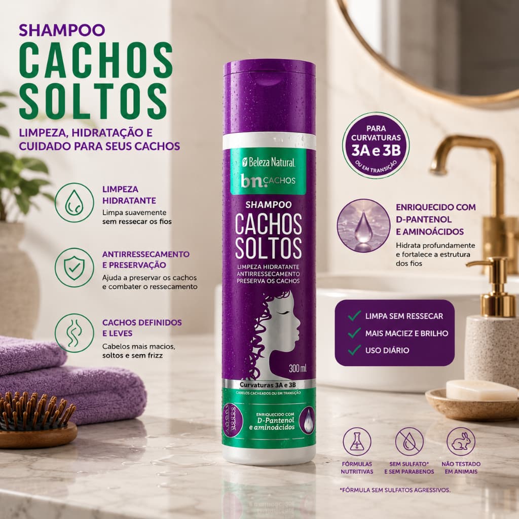 Shampoo Cachos Soltos Beleza Natural bn.Cachos 300ml Cabelos Ondulados e Cacheados 3A 3B Limpeza Suave Sem Ressecar Vega