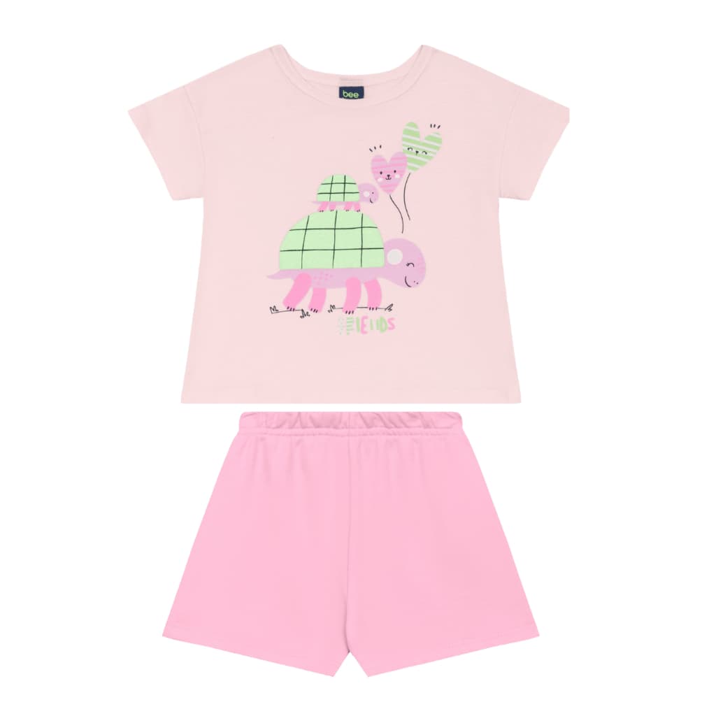 Conjunto Infantil Menina Rosa Camiseta Algodão com Glitter com Shorts | Estampa Coração e Tartaruga
