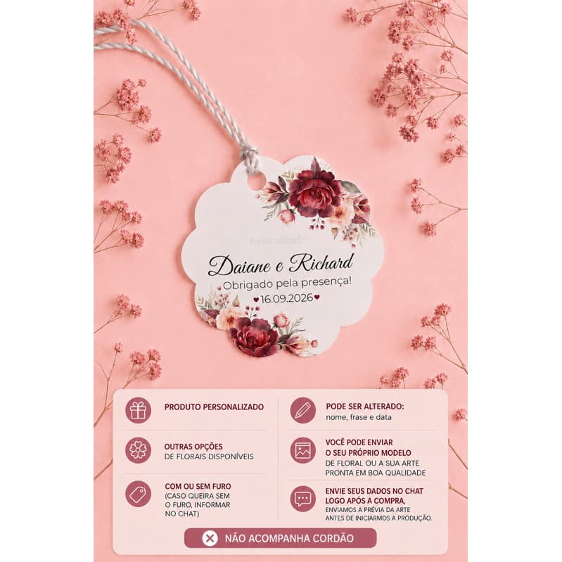 100 Tags Personalizada Formato Flor Lembrancinha para Casamento, Noivado e Chá de Cozinha, Aniversário, Bodas