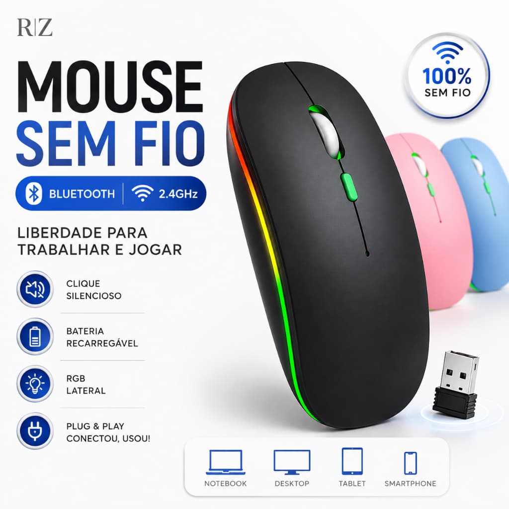 Mouse Bluetooth Sem Fio RGB Recarregável Slim Silencioso 2.4G