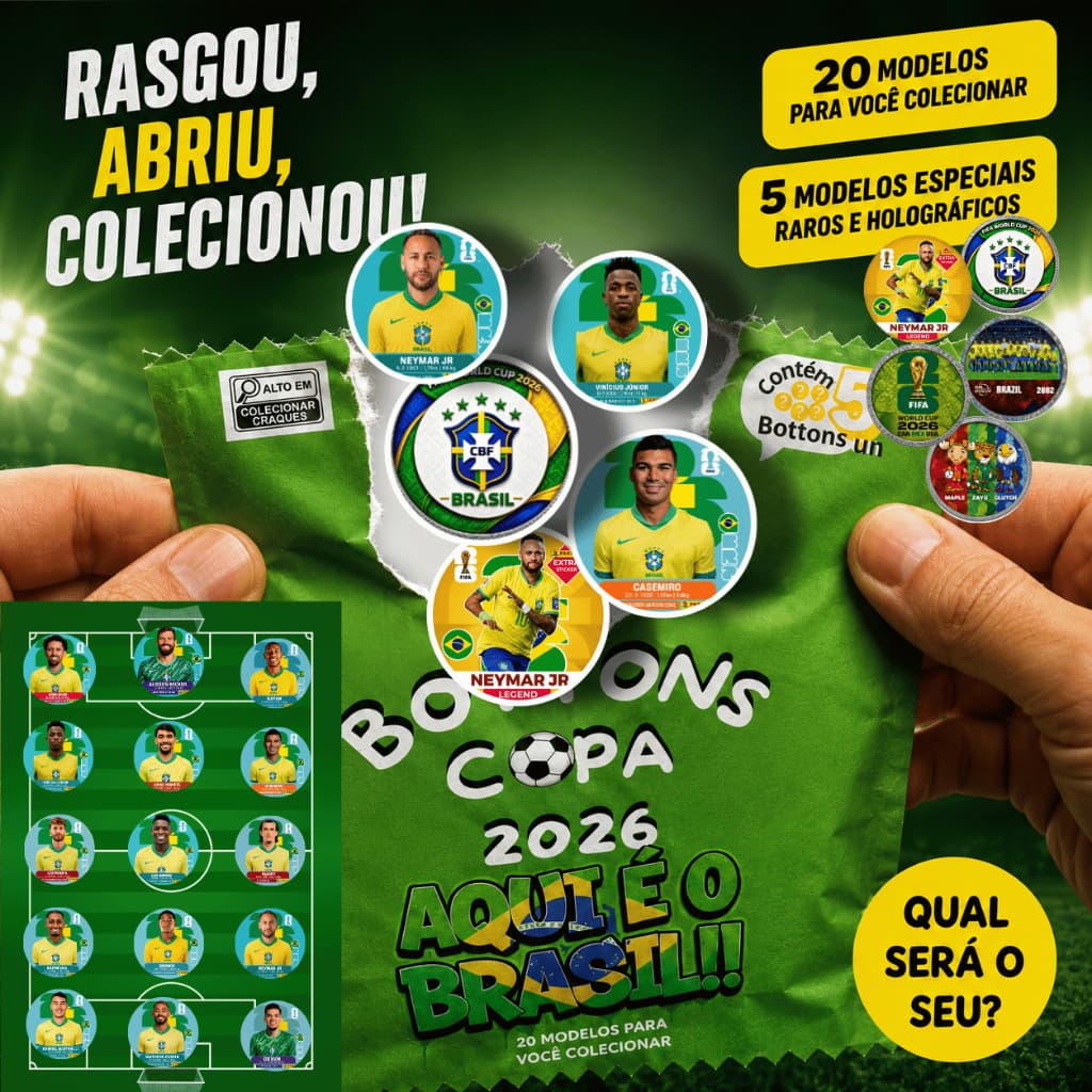 Kit Surpresa Bottons Copa  do Mundo 2026 Brasil | 5 Bottons (4 Normais + 1 Raro Holográfico) | 20 Modelos | 32mm ⭐