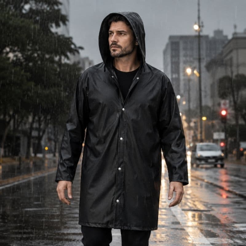 Capa De chuva impermeável preta PVC forrada com capuz