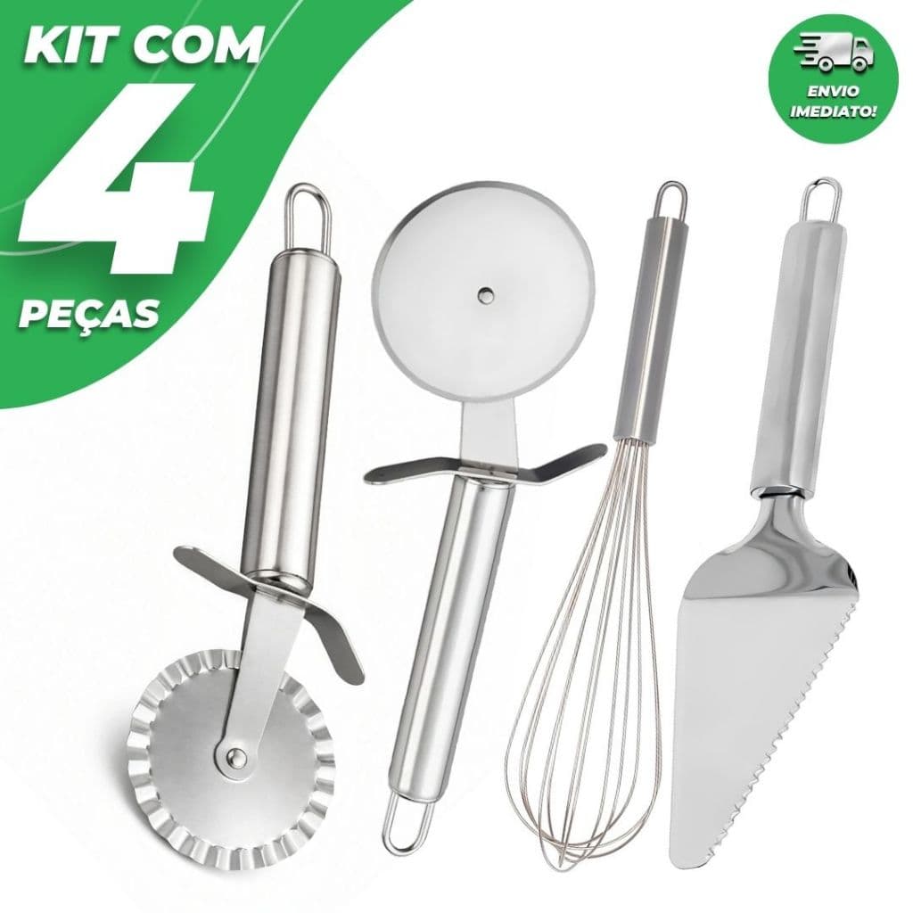 Kit Cozinha 4 Peças Inox Cortador de Pizza e Pastel Espátula de Bolo e Fue Batedor de Ovos Profissional