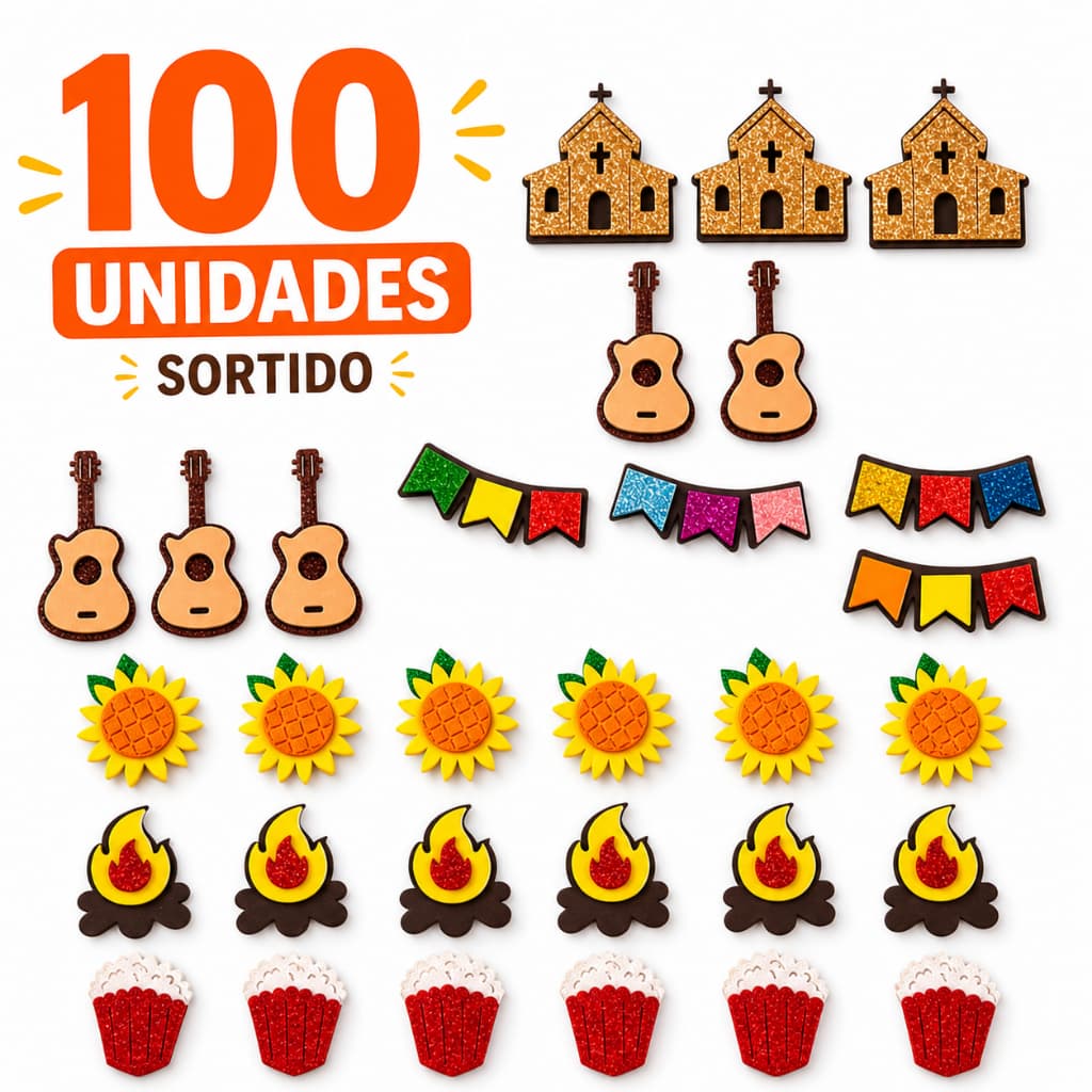 Kit 100 Apliques Juninos EVA Sortido – Decoração Festa Junina São João Doces Lembrancinhas Artesanato