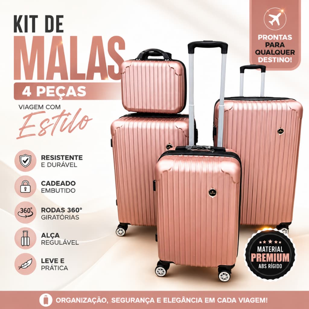Conjunto de Malas de Viagem 4 Peças Rígidas com Rodinhas 360° + Frasqueira – Resistente e Leve