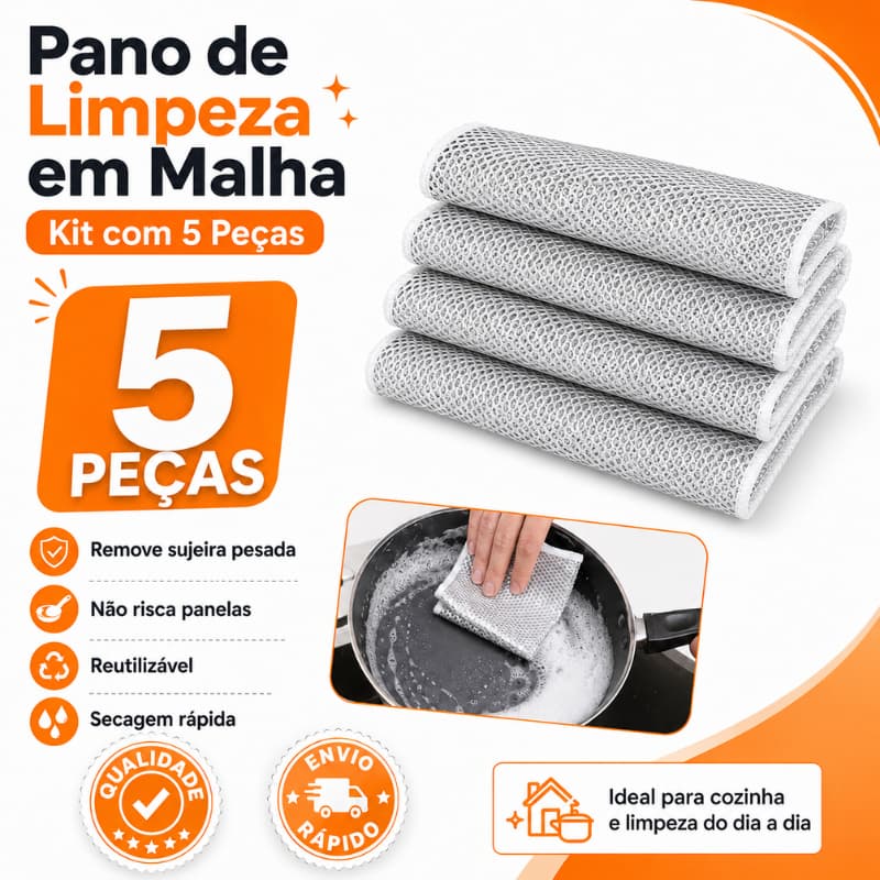 Kit 5 Peças Pano de Limpeza Malha Metálica e Microfibra Prático Duradouro Sem Acumulo de Sujeira