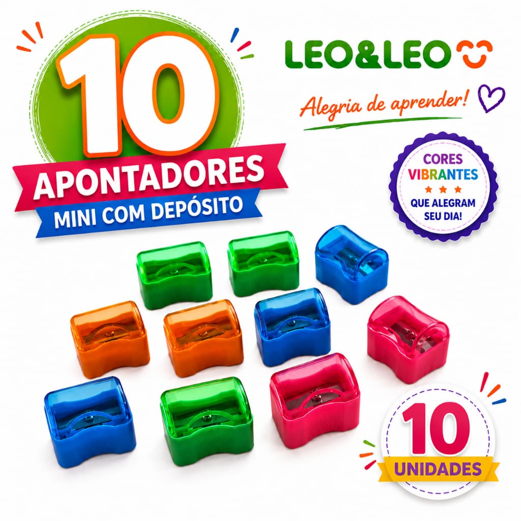 10 Apontadores Mini Neon Vibran LeoeLeo Transparente Padrão Confortável Durável