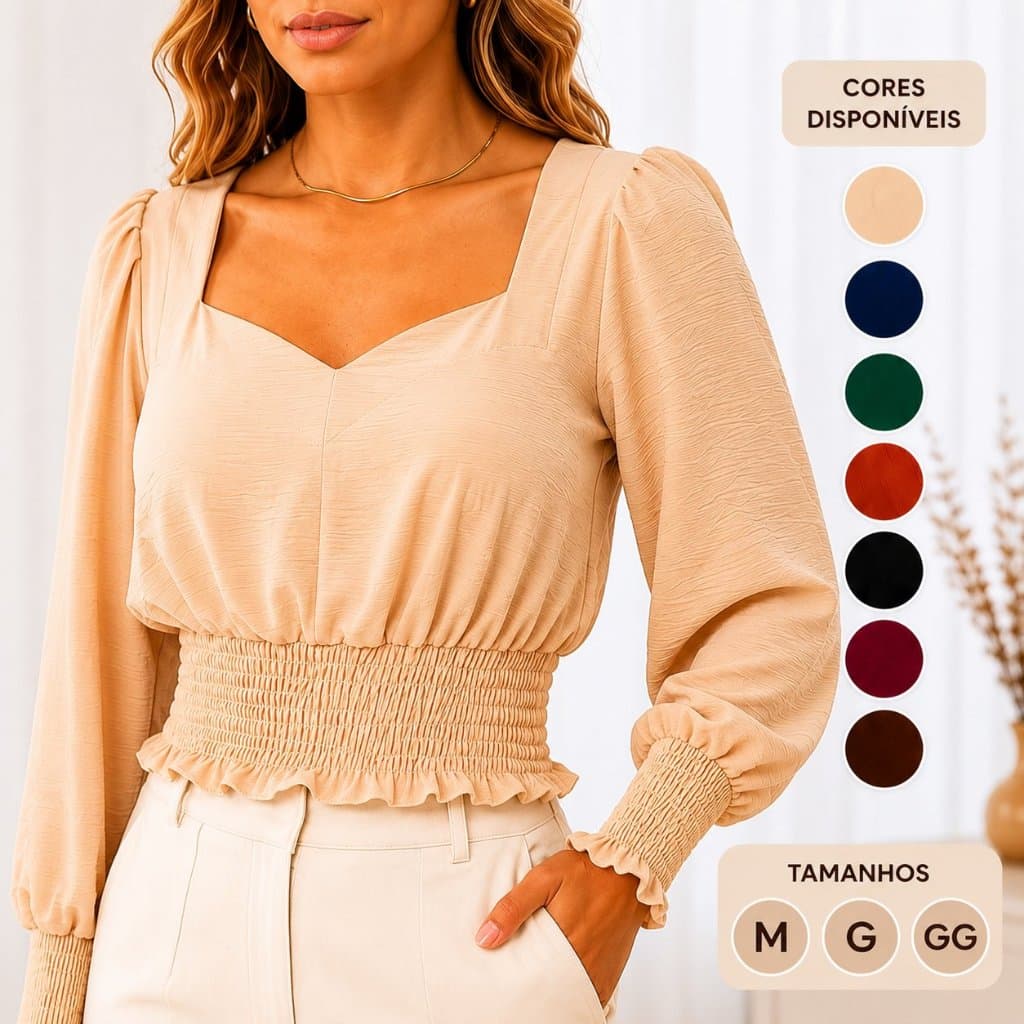Blusa feminina manga princesa elegante tecido duna moda 2026