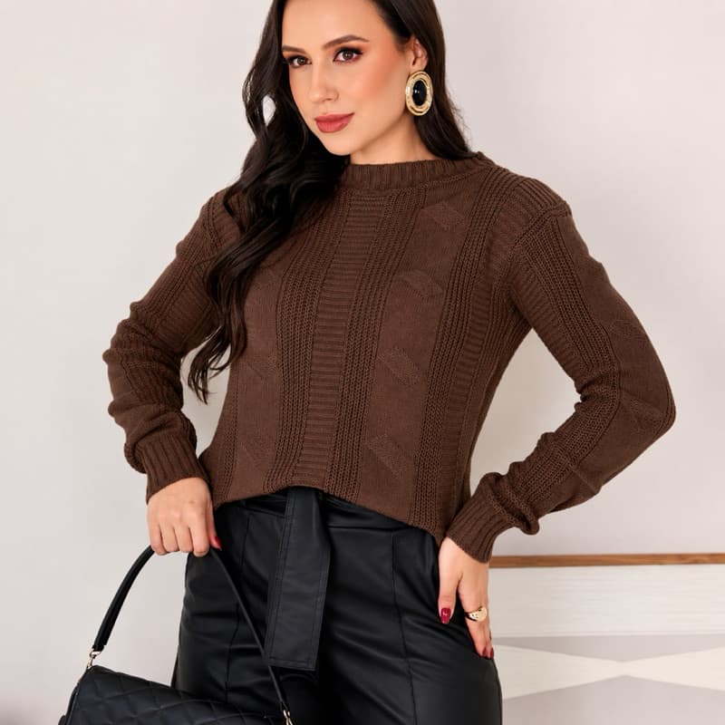Blusa Quente Detalhe Losango Manga Longa Tricot Outono Inverno Blusa Feminina de Tricot