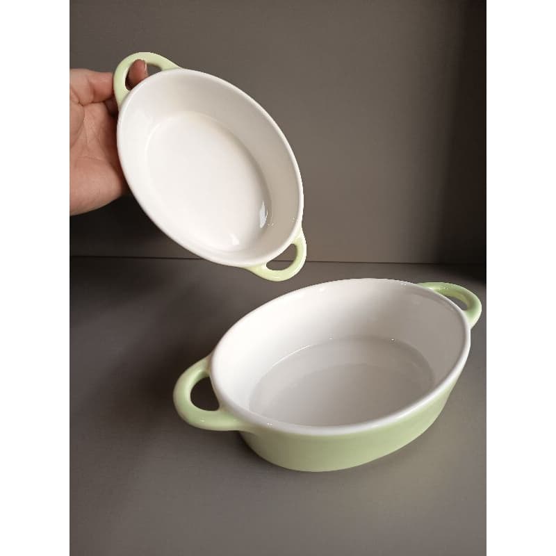Mini panelinhas/caçarolas kit 2pçs travessa pra forno cerâmica verde oval