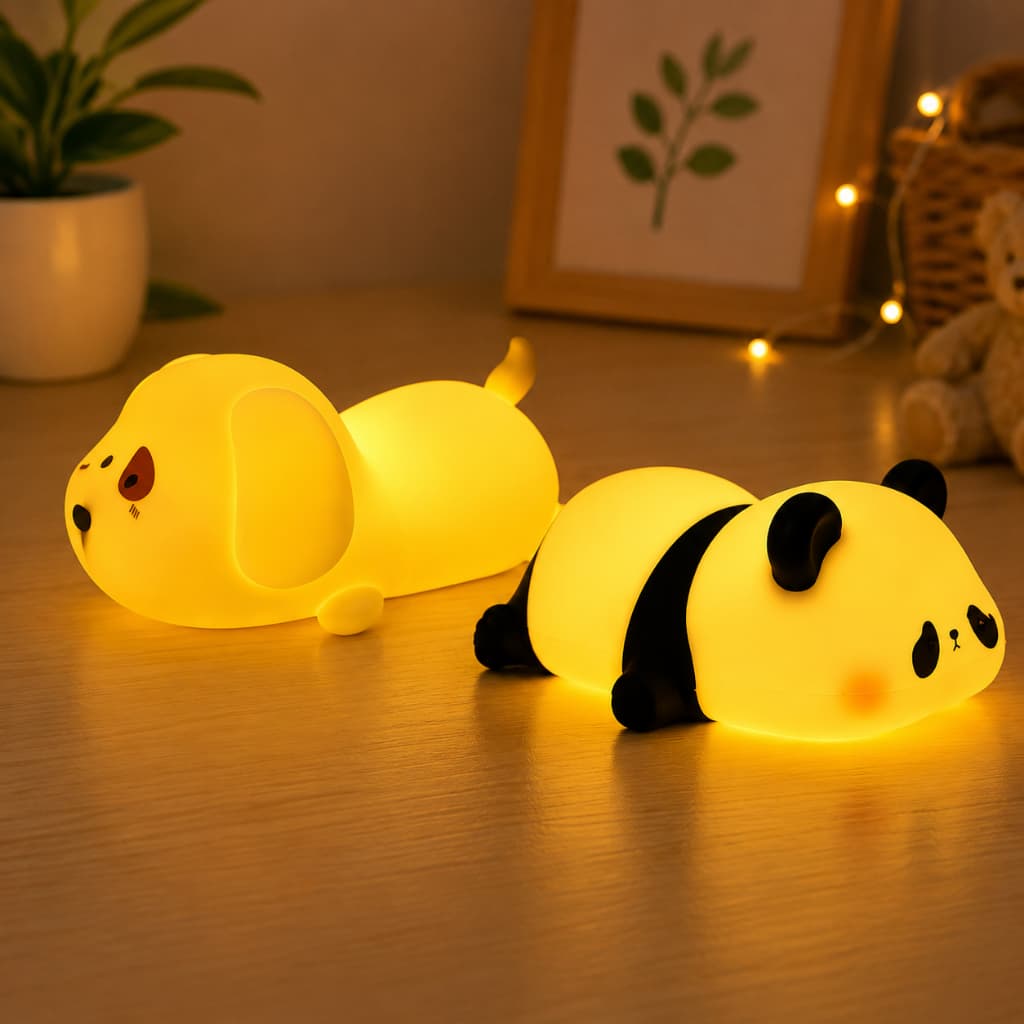Luminária LED Silicone Fofa Coelhinho Cachorrinho Panda Luz Noturna Decoração Quarto