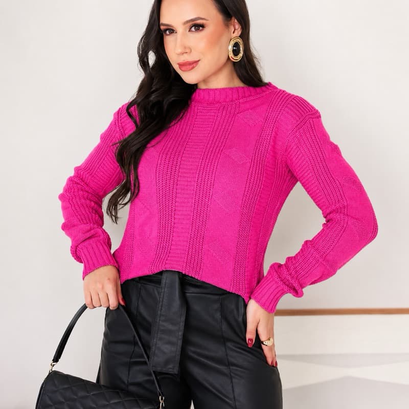 Blusa de Frio Inverno 3D Tricô Gola Redonda Manga Longa Blusa de Tricot Quente Texturizada