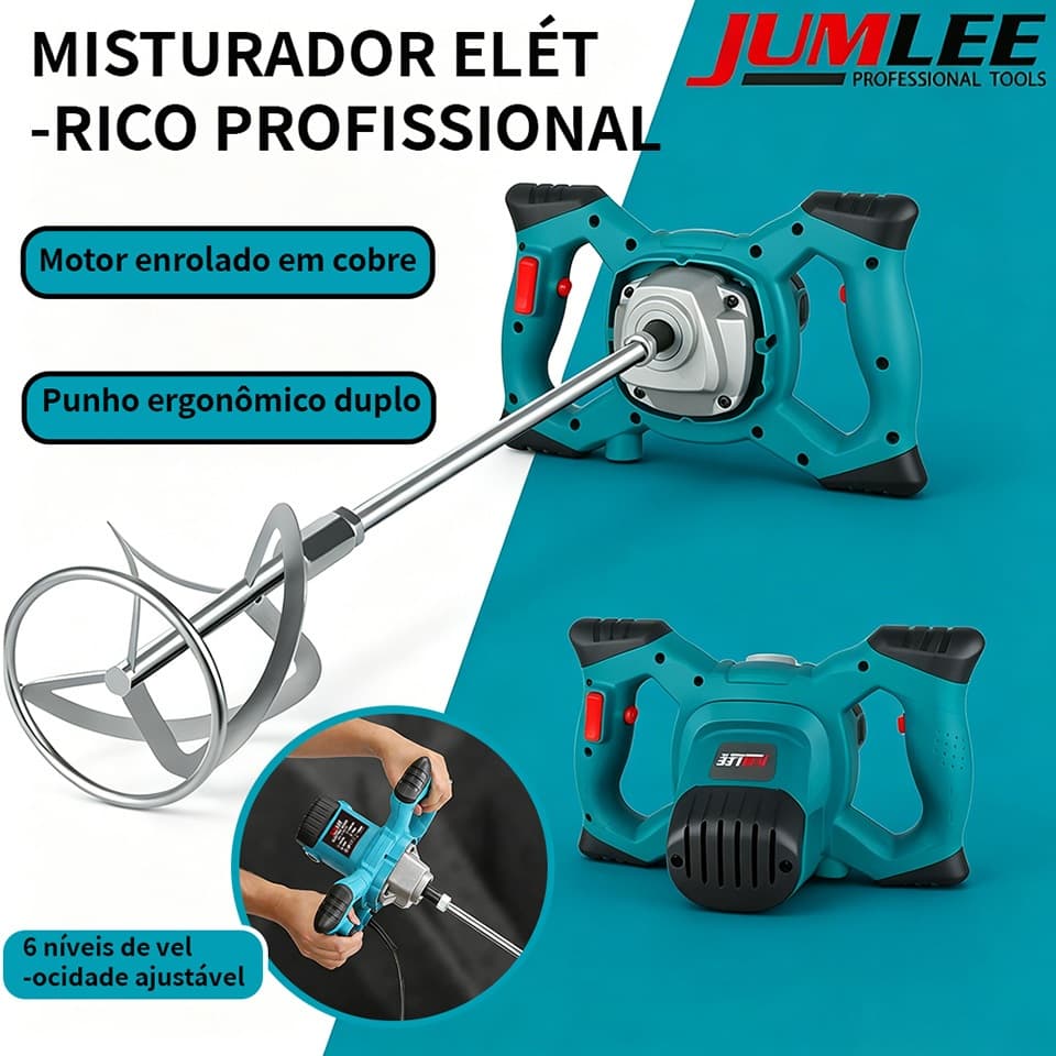 Misturador Elétrico JUMLEE 1200W 110V/220V 6 Vel. Industrial Tinta Argamassa Cimento Massa Ração