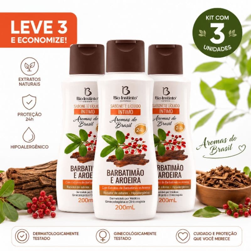 Kit 3 Sabonete Íntimo feminino Barbatimão e Aroeira 200ml Bio Instinto  Proteção 24h