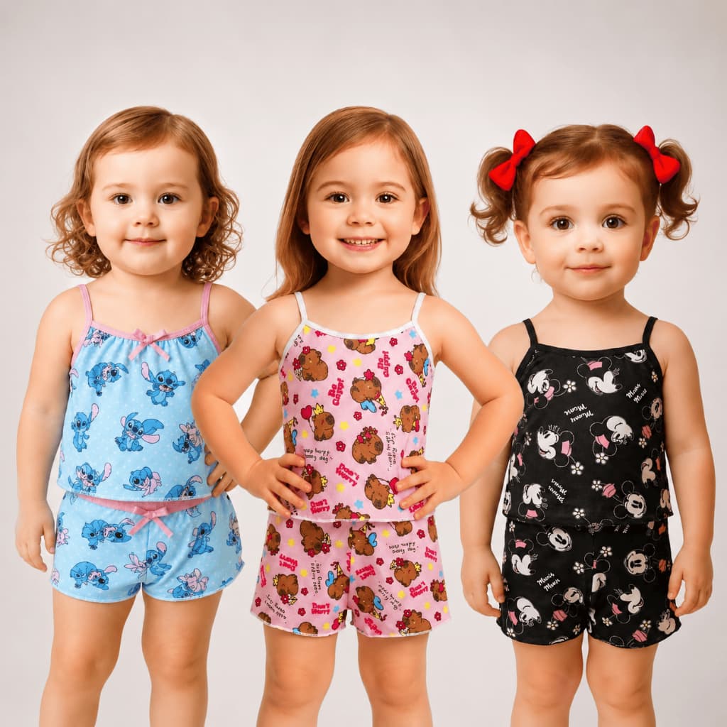 Kit 3 Pijamas Infantis de Alcinha Confortável Para Meninas De Microfibra Estampas Variadas Babydoll