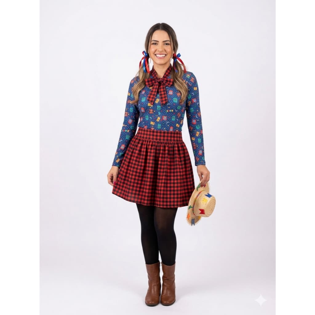 CONJUNTO FESTA JUNINA CAIPIRA ADULTO XADREX FLORAL BONITO VESTIDO JUNINO P AO PLUS SIZE CAMISA SAIA