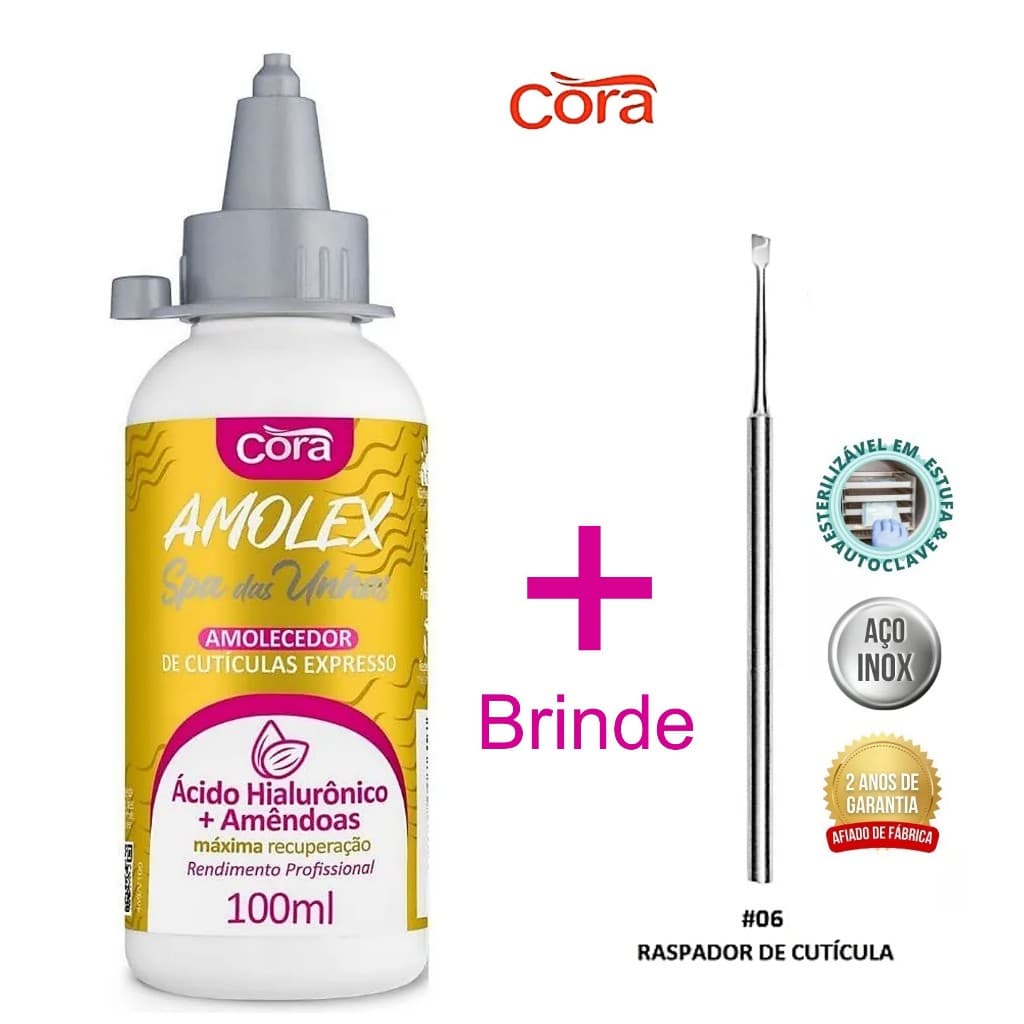 CORA - Amolecedor de Cutículas Amolex - Ácido Hialurônico / Amêndoas + Raspador Cuticulas (Brinde)