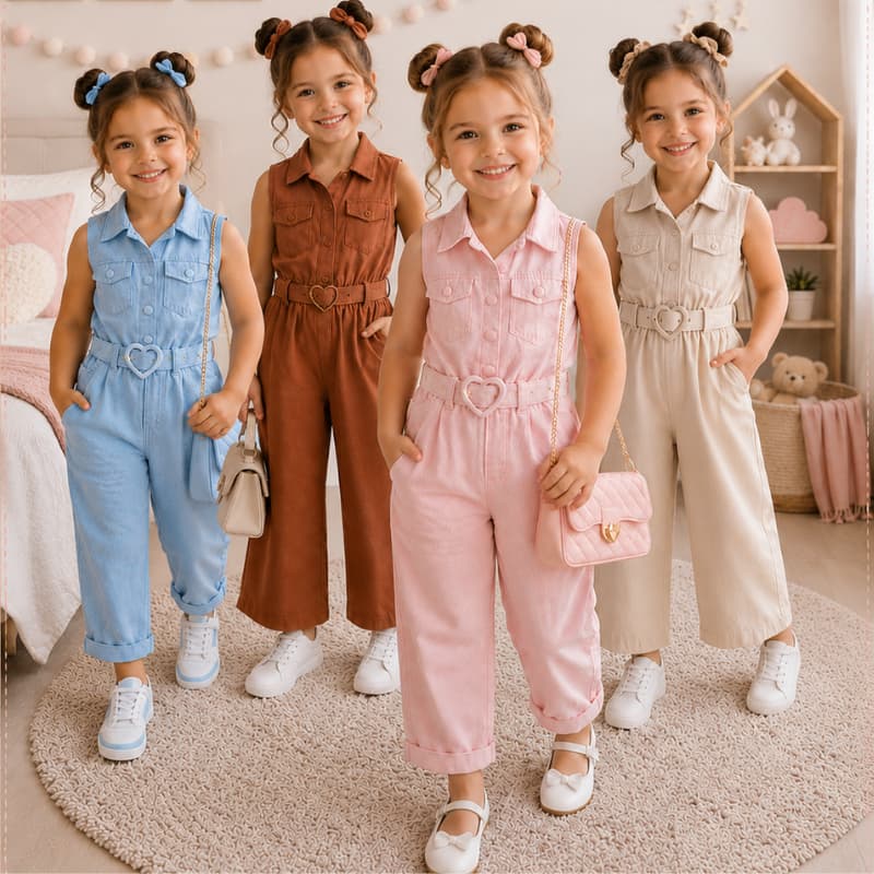 Macacão Infantil Linho Pantalona Menina Com Cinto Coração Blogueirinha Forma Grande 4 ao 8