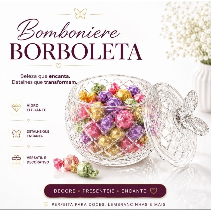 Bomboniere de Vidro com Tampa Borboleta 240ml | Elegante e Delicada presente dia das mãe