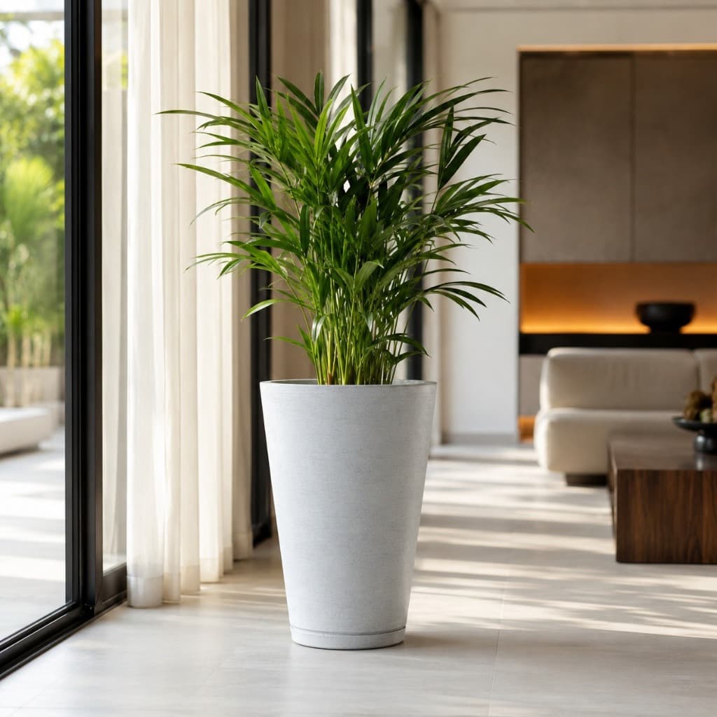Vaso de Plantas Grande Coluna Redonda M com Prato Luxo Escovada Textura em Polietileno