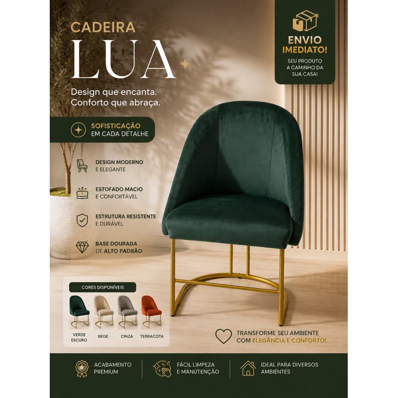 Cadeira Estofada Veludo Base Dourada Luxo Sala de Jantar Moderna Decorativa