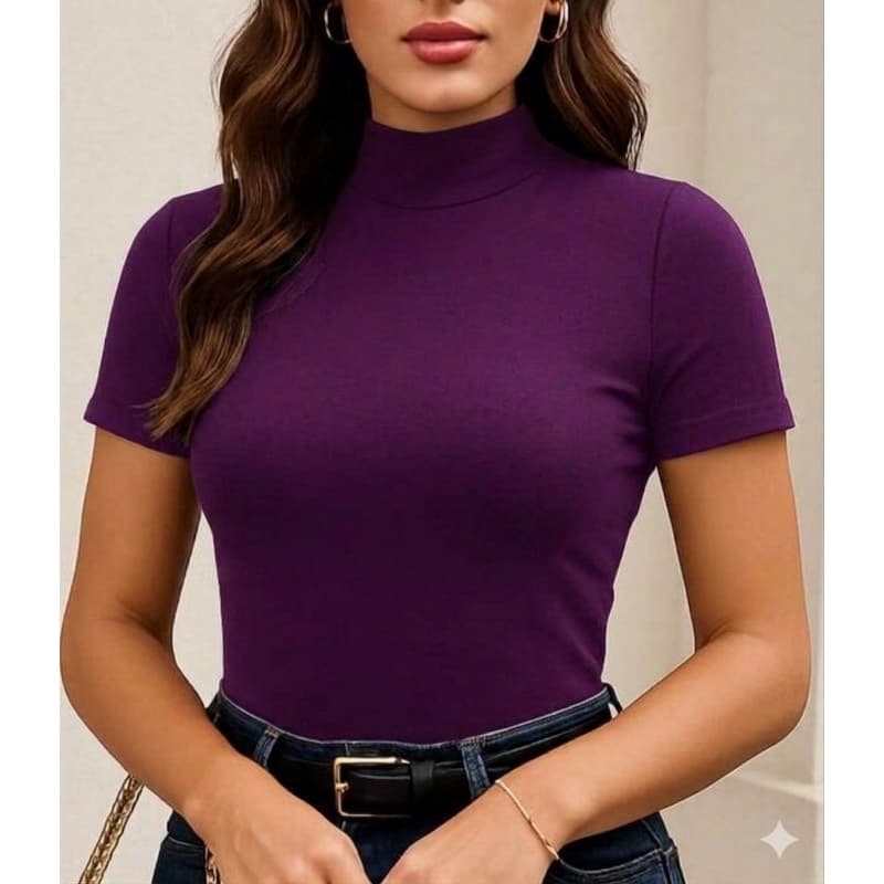 Blusa feminina gola alta manga curta basica moda feminina casual