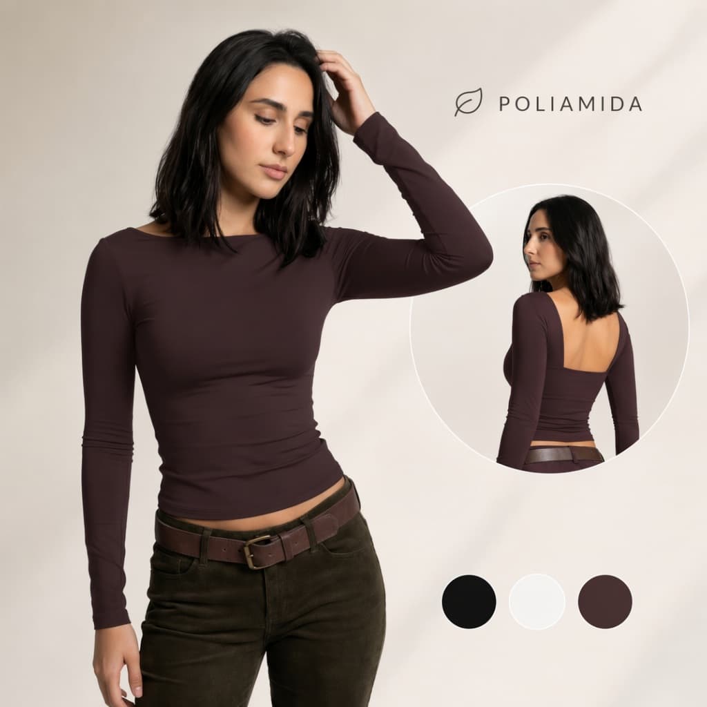 Blusa Manga Longa Feminina Poliamida Toda Forrada Decote Costas Gola Canoa
