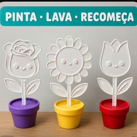 Kit Flor 3D para Colorir com Vasinho • Girassol Rosa Tulipa • Pinta Lava Recomeça • Presente Menina