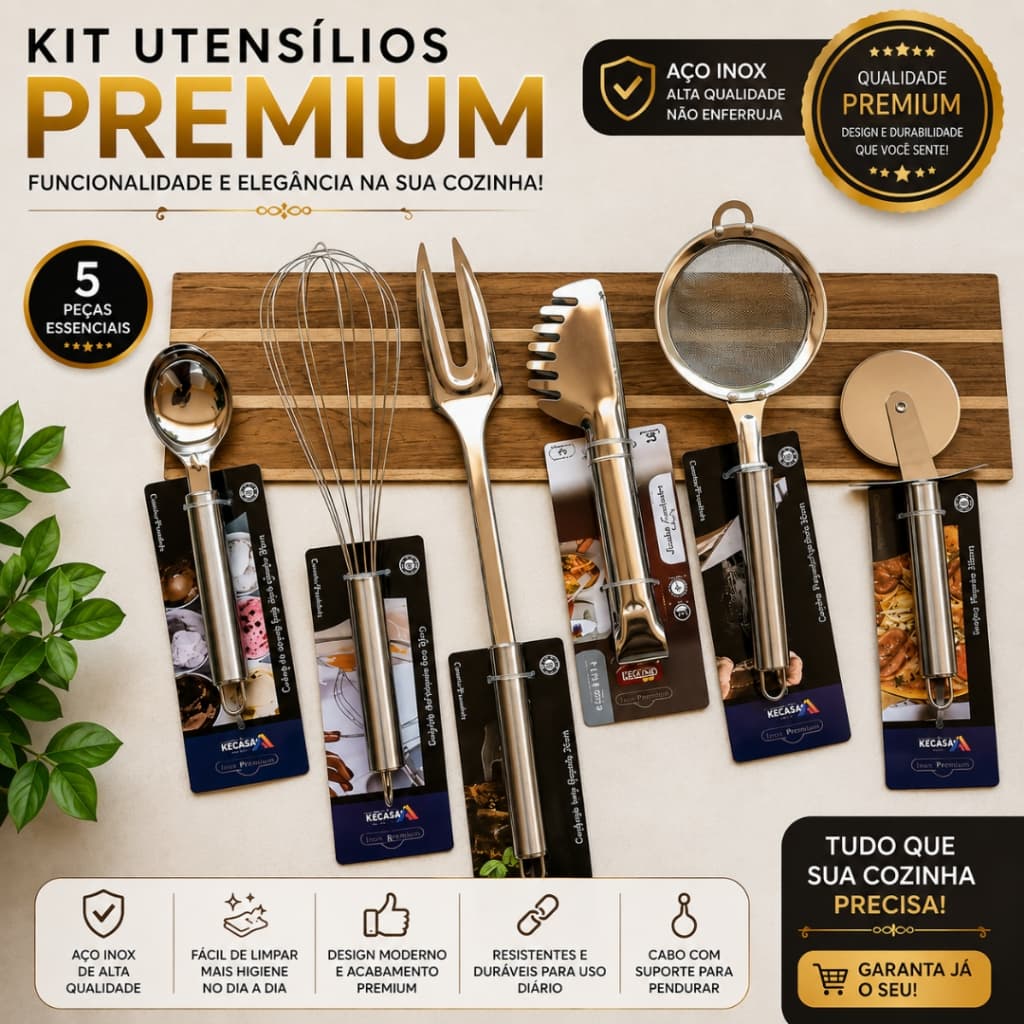 Conjunto Utensílios Inox 6 Unidades Pegador Massa Garfo Grande Batedor Ovo Colher Sorvete Peneira Cortado Pizza