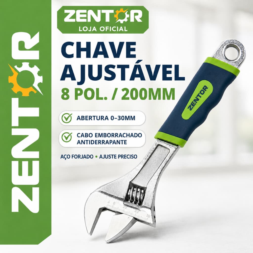 Chave Inglesa Cromada Ajustável Deli Zentor Profissional 200mm Abertura 30mm