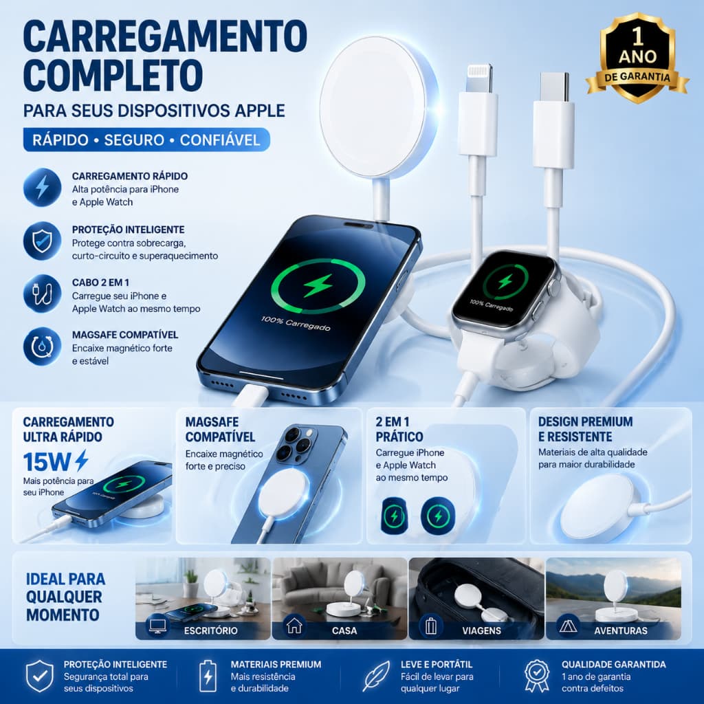 Carregador Magnético 3 em 1 Lightning/Tipo-C 1.2M – Indução e Carregamento Rápido