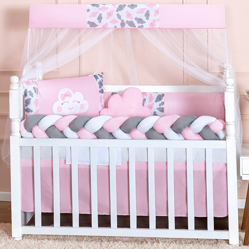 Kit Berço Completo 7 Peças Slim Nuvem Rosa | Enxoval Menina Padrão Americano Premium