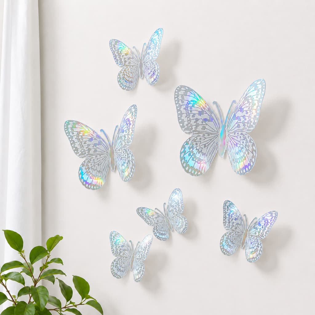 12 Borboletas holográfico 3D Decorativas Prateada Adesivas Decoração Parede Enfeite Arranjo