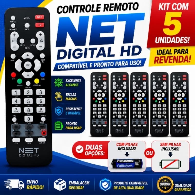 Kit 5 Controles Remotos Compatível NET Digital HD | Pronto Para Uso | Ideal Para Revenda