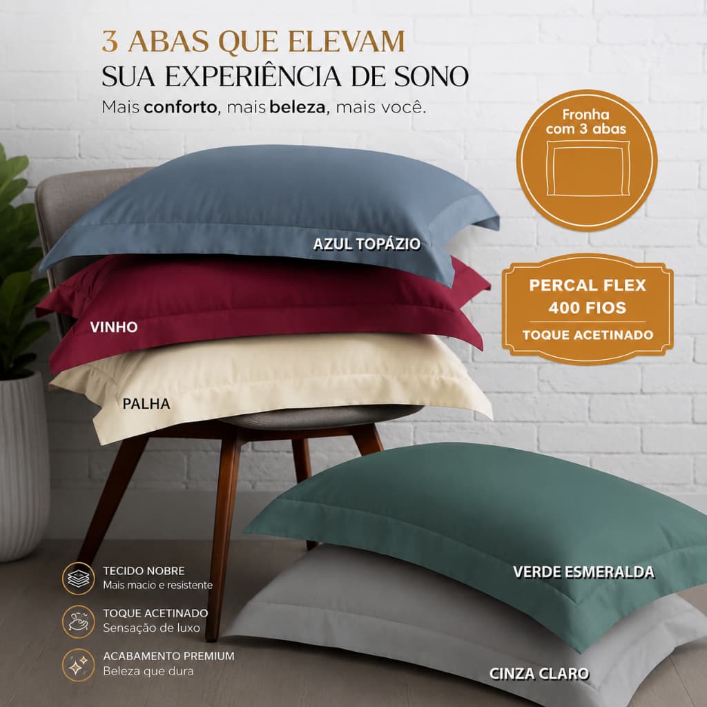 1 Fronha com Abas 3 Lados 70cmx50cm Percal Flex 400 Fios Toque Acetinado